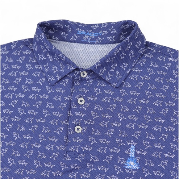 B Draddy Sport Polo Shirt Mens Medium Blue Shark All Over Print Performance Golf - Picture 1 of 12